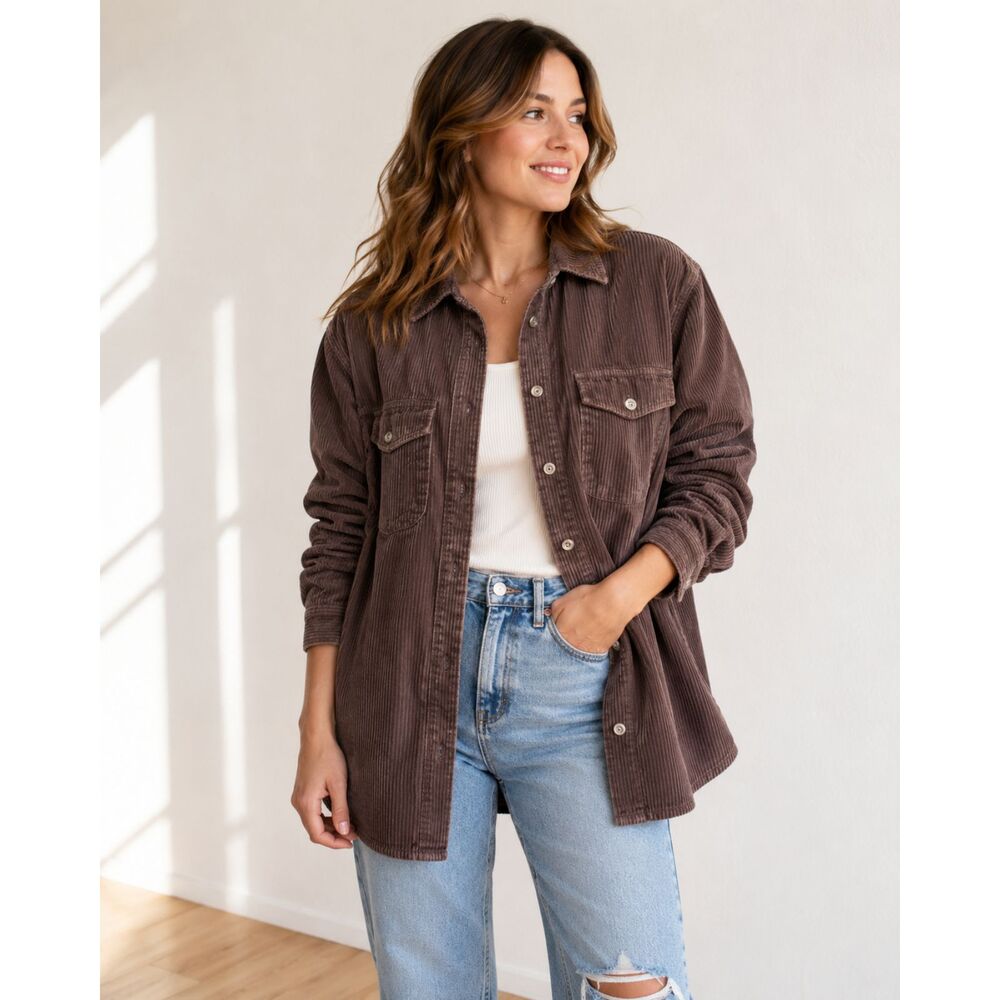 Rustique Brown Corduroy Button Up Shacket Women's Large Overshirt